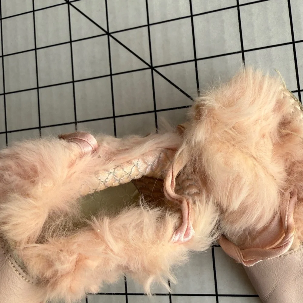 Vintage 1950s Pink Leather Baby Shoes Rabbit Fur Trim Ribbon Ties Prewalker